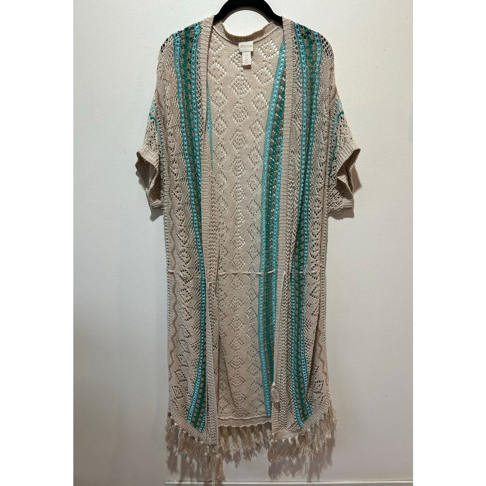 Chico's linen open knit long cardigan duster size 2 (L) tan boho lagenlook